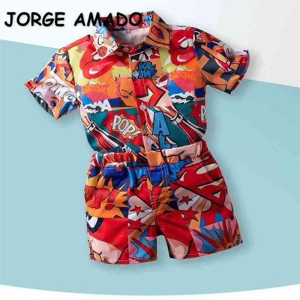 Summer adolescente meninos 2-pçs sets camisas dos desenhos animados + shorts moda estilo de férias crianças roupas e3019 210610