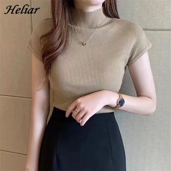 

heliar women summer knitted t-shirts plain o-neck solid women short sleeve high street solid t-shirts casual tees for women 210306, White