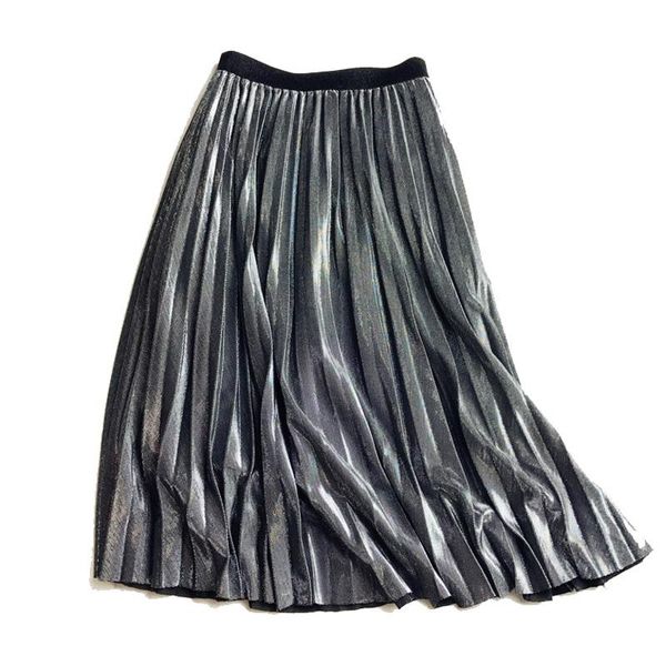 

skirts female herf finger silver gold metallic feeling solid midi shallow rocks tall mid -calf a line black skirt