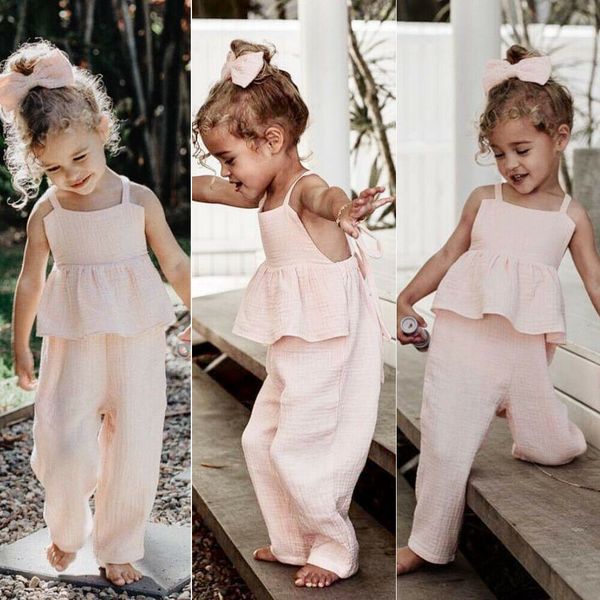 

kids baby girls clothes set sleeveless backless romper t shirt overalls jumpsuit wide leg pants trousers outfits, White