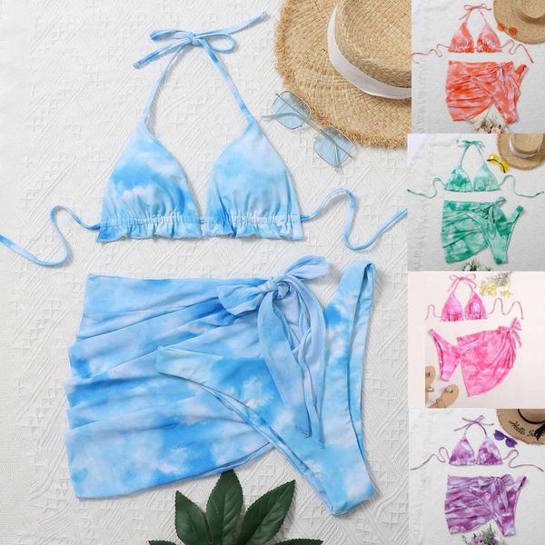 

women's swimwear 3 piece set women tie-dye halter bikini sarongs cover up swimsuit beach, White;black