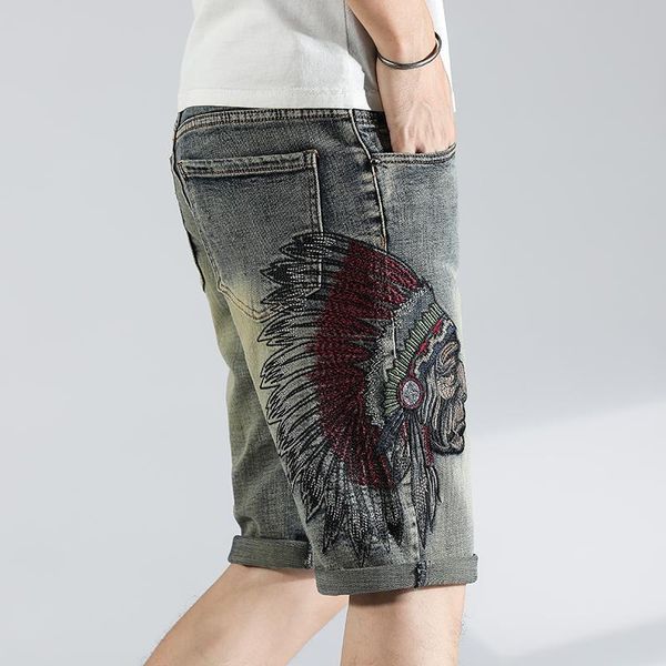

men's jeans summer retro thin stretch denim shorts embroidered pants personality youth 5 minutes men, Blue
