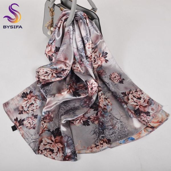 

scarves [bysifa] grey pink peony women satin long silk scarf shawl chinese style printed fall winter female head 160*70cm, Blue;gray