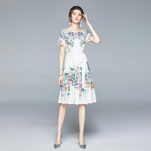 

casual dresses prairie chic floral print runway dress festa women summer clothes short sleeve sashes mid calf sweet robe femme holiday vesti, Black;gray