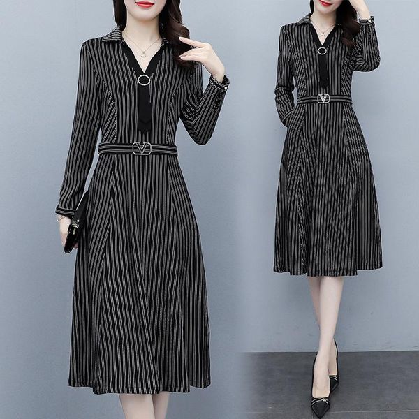 

casual dresses women stripe elegant autumn dress long sleeve party cocktail slim business birthday outfits office ladies work wear, Black;gray