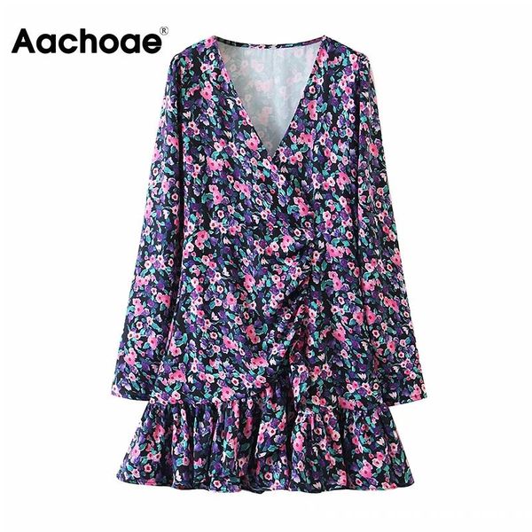 

casual dresses aachoae lady v neck mini dress long sleeve boho floral print for women beach pleated sundress 2021 autumn spring s-l, Black;gray