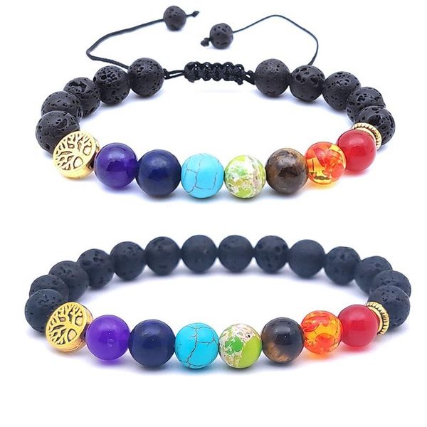 

beaded, strands gold tree 8mm healing seven chakra bracelet woven rope black lava stone bead women men buddha friendship strand jewelry
