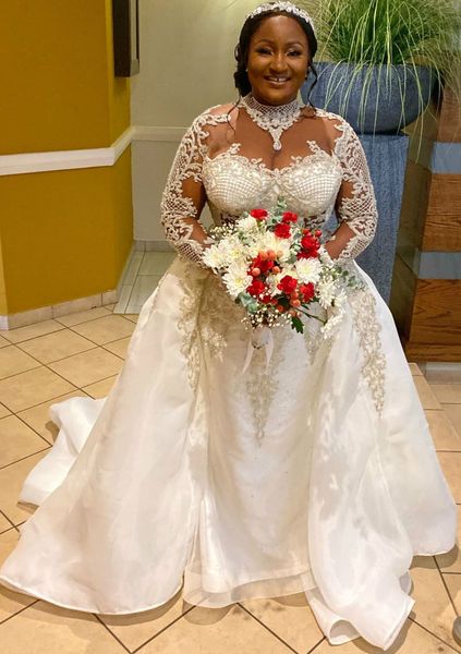 

2021 plus size arabic aso ebi luxurious lace beaded wedding dresses sheer neck mermaid bridal dresses long sleeves wedding gowns zj206, White