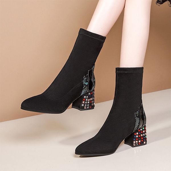 

women boots 2021 winter shoes patchwork mid-calf boot faux suede rhinestone heels designer shoes snake skin botas mujer 8270n, Black