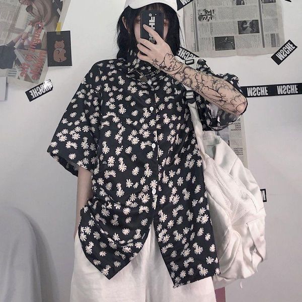 

women's blouses & shirts daisy printed black women short sleeve blouse woman clothes summer vintage retro shirt niche cold plus size, White