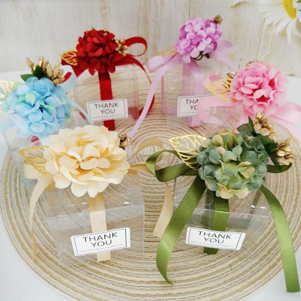 

gift wrap 20pcs/lot candy boxes pvc transparent wedding favors and gifts box square flower ribbon romantic packaging party bag