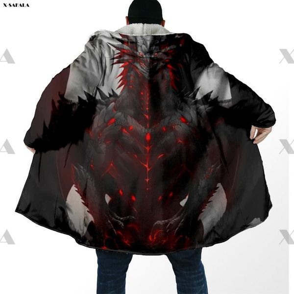 

men's wool & blends dark fire dragon skull 3d printed hoodie long duffle coat hooded blanket cloak thick jacket cotton pullovers dunnes, Black