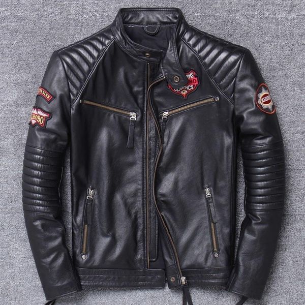 

men's leather & faux black 2021 men slim fit motorcycle style jacket genuine cowhide autumn skulls embroidery short natural biker'