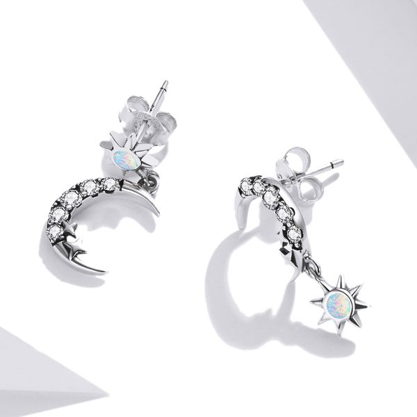 

new style jewelry s925 silver opal stud japanese and korean style asymmetric moon earrings, Golden;silver