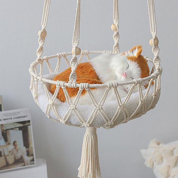 Camas de gato mobília grande macrame mão-tecida hammock cesta fruta pendurado doméstico cão animal de estimação balanço net saco presente