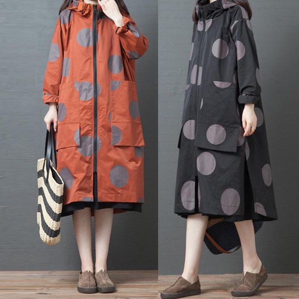 

women's trench coats autumn and winter long section 2021 casual large size polka dot hooded windbreaker jacket women, Tan;black