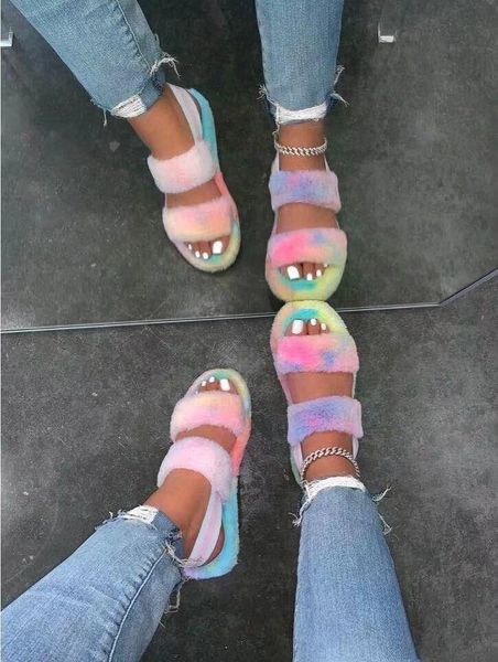 

2021 winter candy color winter 2021 43 large size flat plush sandals ladies elastic band thick bottom non-slip warm sandals whol, Black