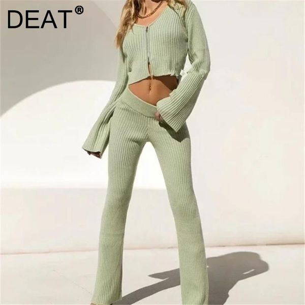 

women's two piece pants [deat] 2021 summer fashion tide long sleeve v-neck knitting high waist women casual two-piece suit 13z284, White