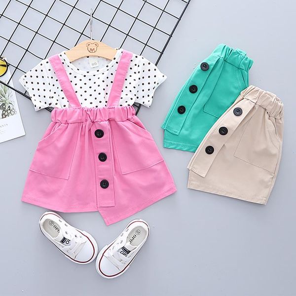

clothing sets toddler kids baby girls summer cute spotted skirt solid button suspender skirts clothes set, White
