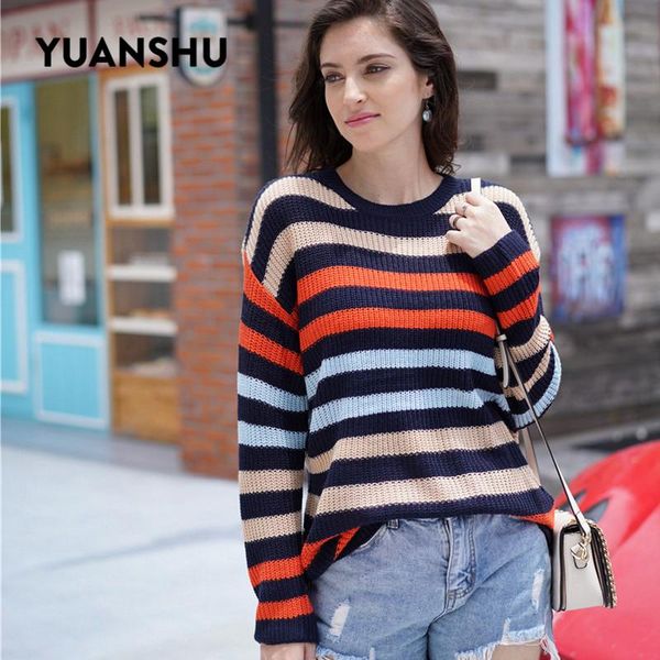

women's sweaters yuanshu 2021 fashion o neck rainbow striped women sweater ladies long sleeve knitted pullover autumn winter, White;black