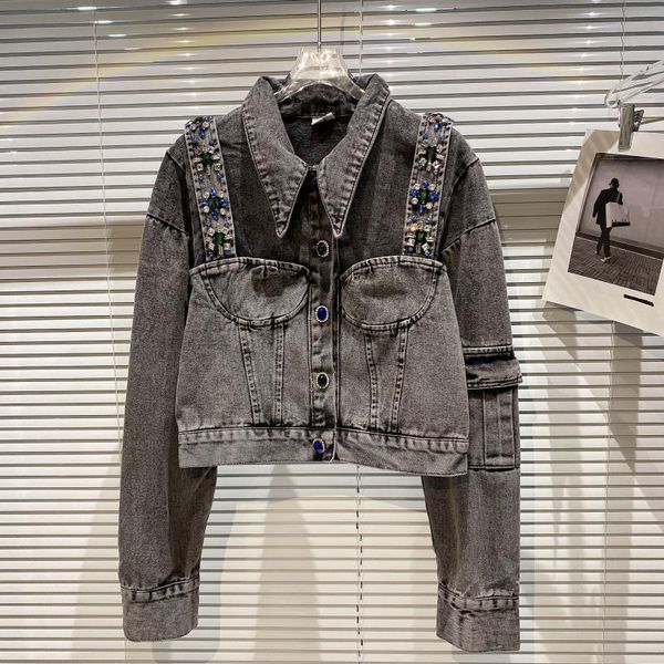 

women's jackets 2021 autumn heavy industry color rhinestone strap fake two-piece wash denim jacket coat tide winter clothes women, Black;brown