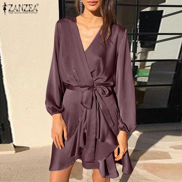 

casual dresses women bohemian satin dress 2022 spring autumn ruffle puff sleeve mini vestidos robe solid belted sundress, Black;gray