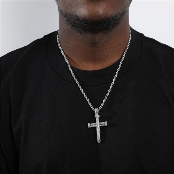 

pendant necklaces hip hop bling iced out cubic zirconia stone copper pico harvey cross pendants men with 4mm tennis chain charm jewelry, Silver