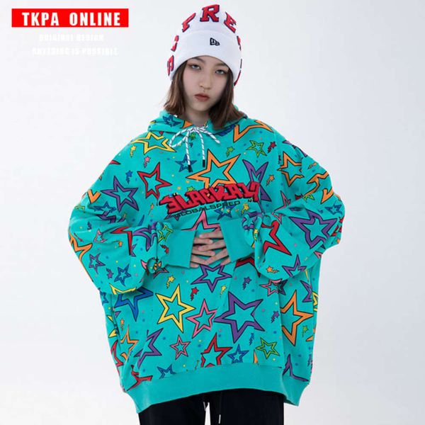 

tkpa all over lettered embroidery spring thin hooded sweater men's and women's korean hip hop loose couple coat, Black