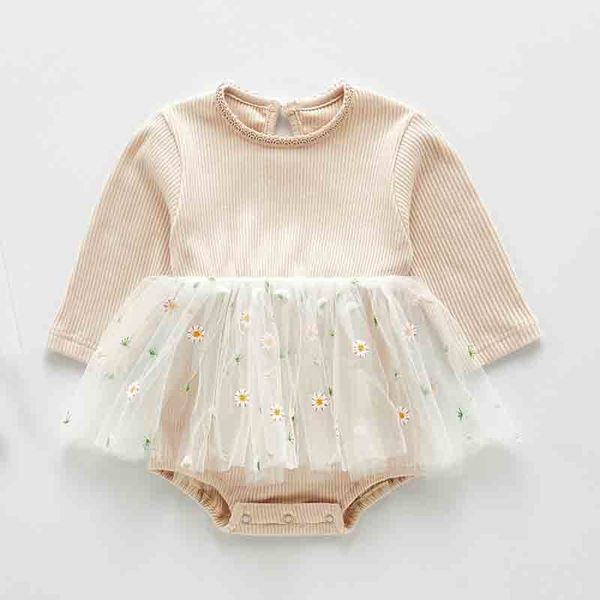 Осень детская девочка длинный рукав боди Halter юбка с пердушкой маленький цветок сетки юбка челковины новорожденного девочка одежда 210315