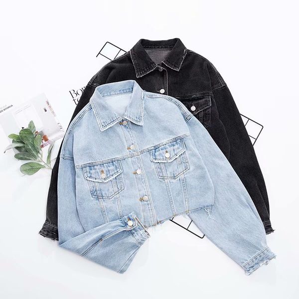 

2021 autumn drop shoulder loose short denim jacket vintage women lapel pockets single breasted draped jean coat cool outerwear, Black;brown