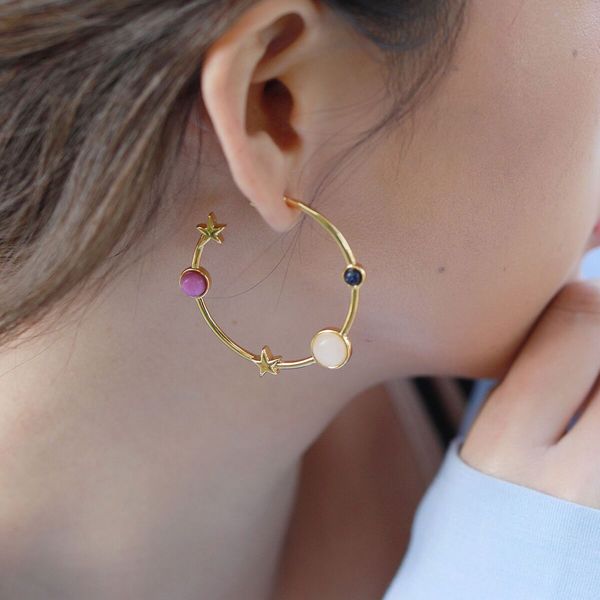 

star hoop earrings multi gemstone medium open hoops 18k gold plated boho jewelry for women, Golden;silver