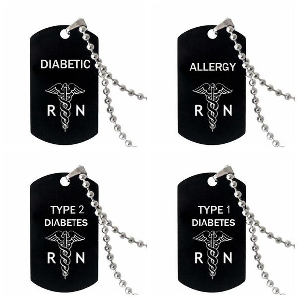 

pendant necklaces black dog tag beaded necklace for men woman alert id sos jewelry diabetic, Silver