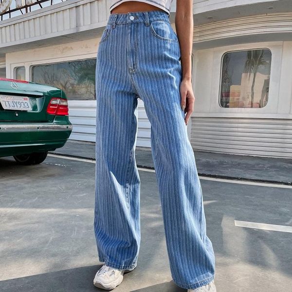 

women's jeans elegant stripe 2021 autumn fashion trousers cowboy denim pants high waist long slim comfortable casual, Blue