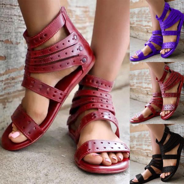 

sandals fashion women's summer ladies casual shoes breathable flats lace-up outdoor leisure bohemia plus size mujer, Black