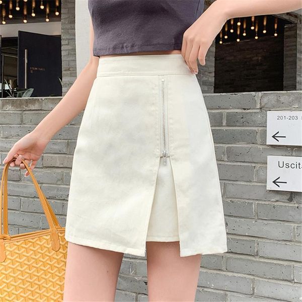 

skirts korea splice a-line denim skirt women high waist slim jean zipper pocket elegant package hip mini jeans, Black