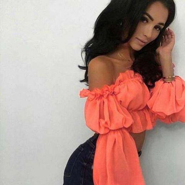 

new fashion womens chiffon long puff sleeve off shoulder crop blouses loose casual blouse lady corp shirt, White