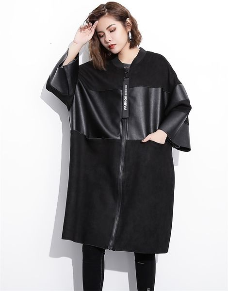 

eam] loose fit black pu leather spliced big size jacket new stand collar long sleeve women coat fashion autumn jc2530 201013, Black;brown