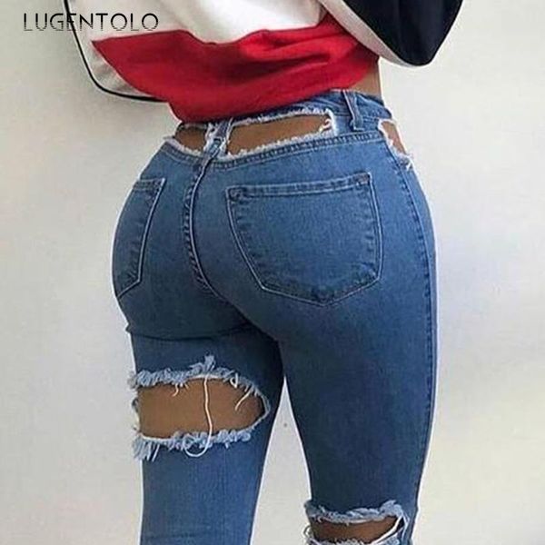 

women's jeans lugentolo women ripped fashion slim high waist hole solid dark blue casual street female long pencil