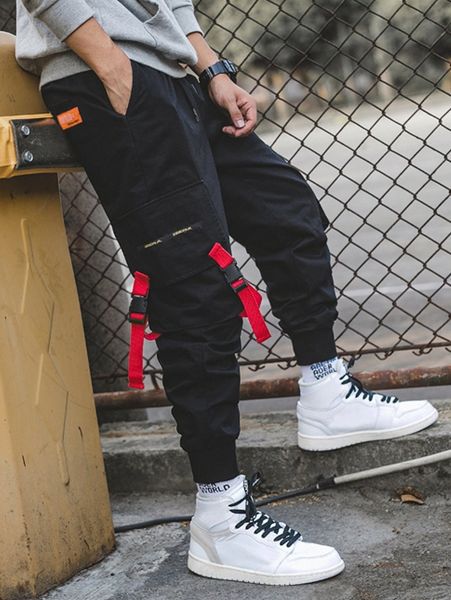 

romwe guys patched pocket buckle detail cargo pants q4xe#, Black