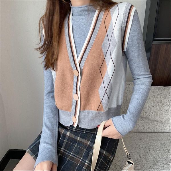 

women knitted sweater vest 2021 autumn korean style vintage argyle plaid v neck sleeveless pullover tank waistcoat t457, White;black
