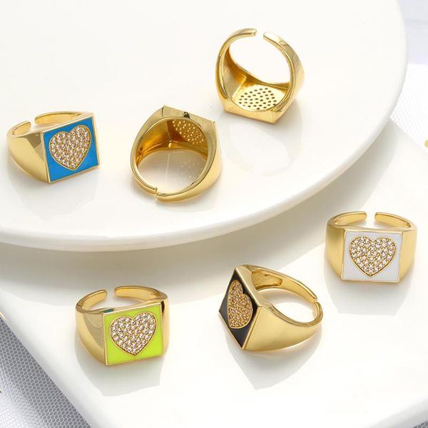 

cluster rings zhukou trend square heart women dripping oil enamel cz crystal creative geometric opening chunky ring wholesale vj189, Golden;silver