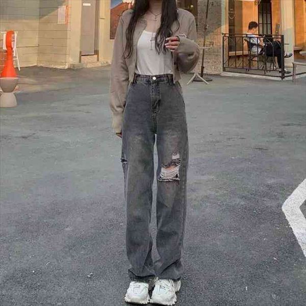 

vintage black ripped hole womens jeans wide leg pants loose high waist streetwear straight trousers, Blue