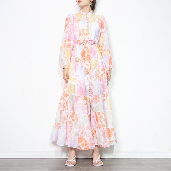 

casual dresses [ewq] korea chic autumn trendy women stand-up collar printed lace-up fashion loose lantern sleeve dress 2021 16e2054, Black;gray