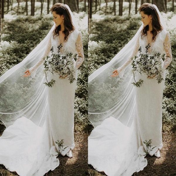 

elegant country style lace boho long illusion sleeve sheath wedding dresses belt v-neck floor length wedding dress bridal gowns robes, White
