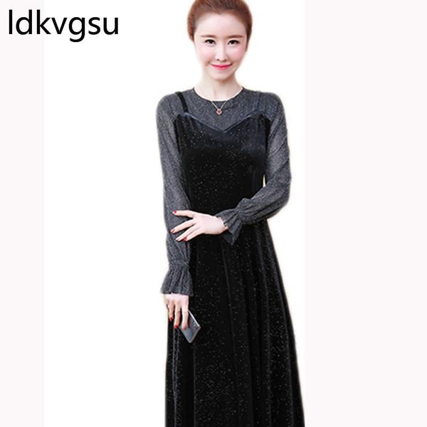 

casual dresses 2021 arrival woman party night plus size loose fake 2 piece set women elegant dress long sleeve mujer vestidos f023, Black;gray