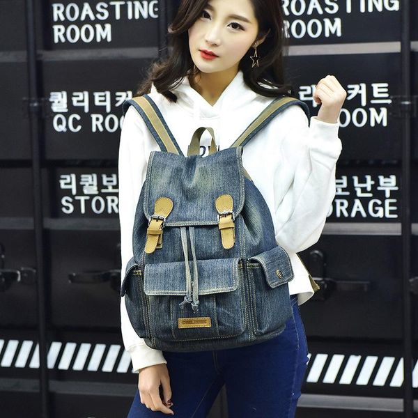 

backpack retro canvas washed denim men bag college style leisure large capacity travel tide lapsolid