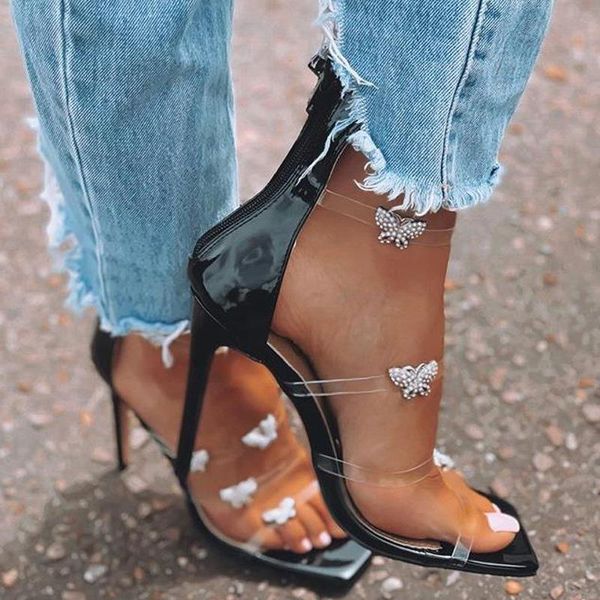 

sandals novelty sqaure open toe high thin heels women rhinestone butterfly transparent pvc summer sandails travelling dating, Black