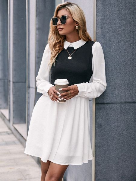 

colorblock puff sleeve 2 in 1 dress e5yw#, Black;gray