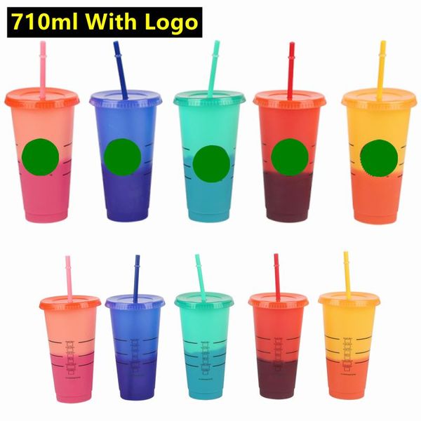 

mugs 710ml color changing straw cup with logo lid reusable cups plastic tumbler cold coffee mug party gift discoloration