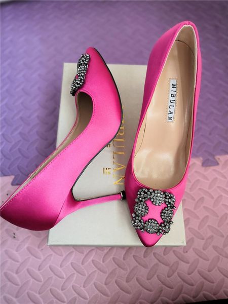 

dress shoes diamond buckle wedding silk stain pumps big size classic heels, female 10cm party 34-43, Black